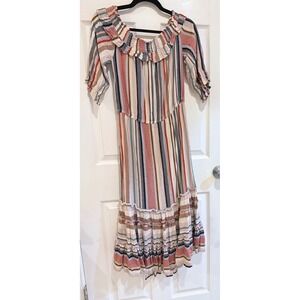 Buffalo David Bitton Striped Maxi Dress Ruffle Neck Casual Boho‎ Medium